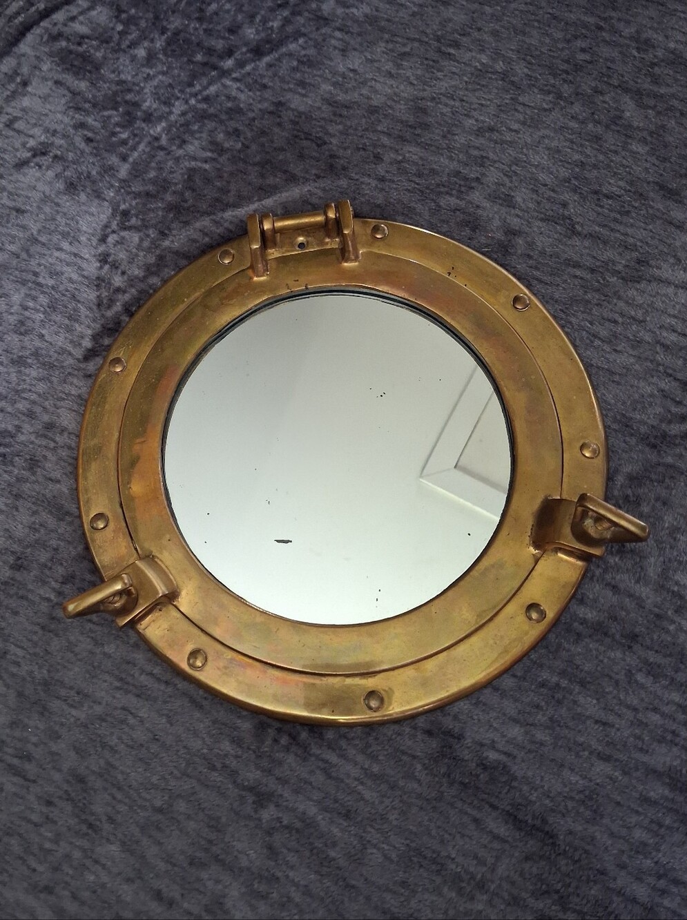 Vintage Brass Nautical Maritime Ship Porthole Mirror, Round Hinged Frame 11.5in